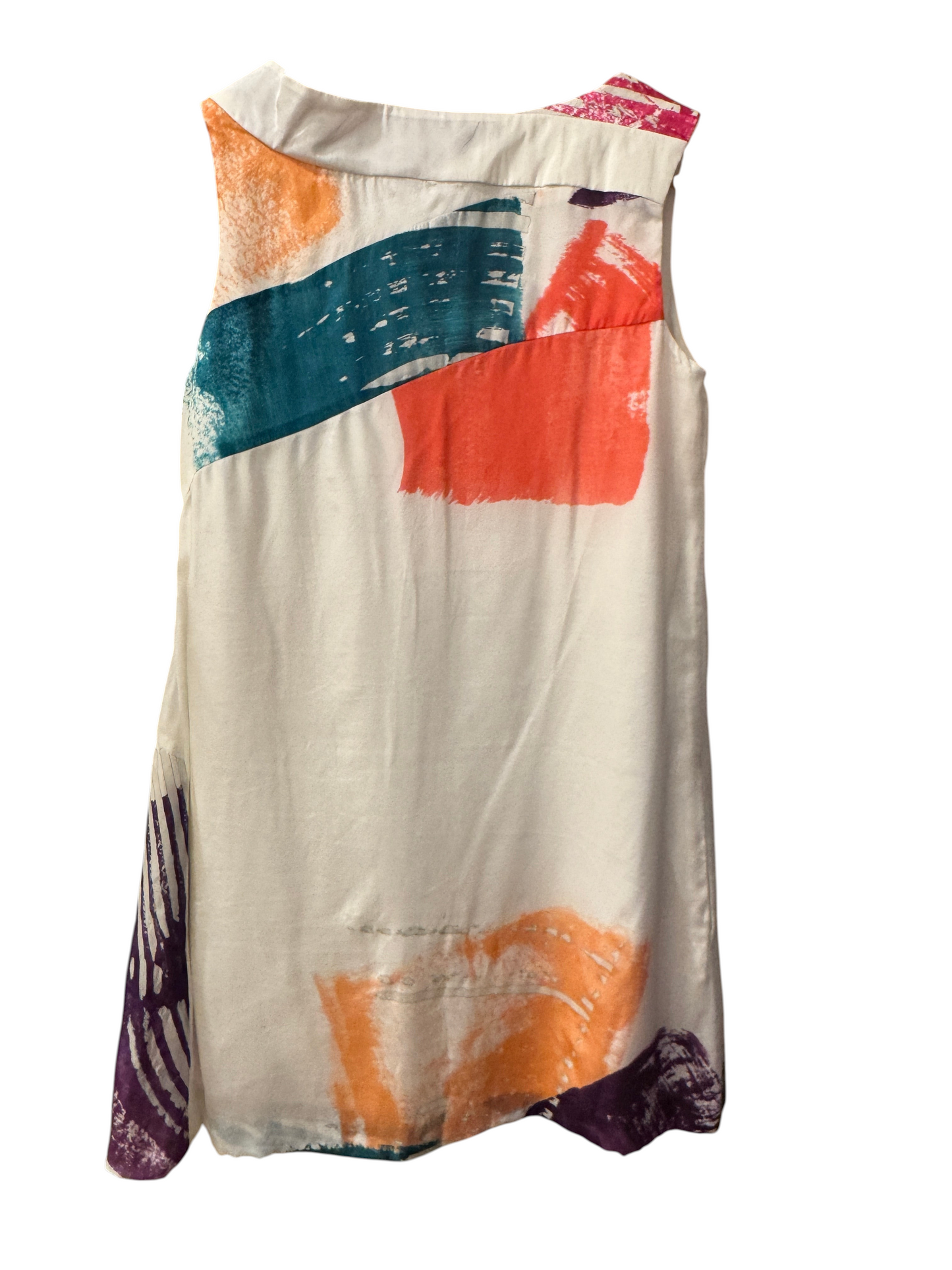 Brandsamsara sleeveless Chloe dress in white silk with multicolor abstract brushstroke print