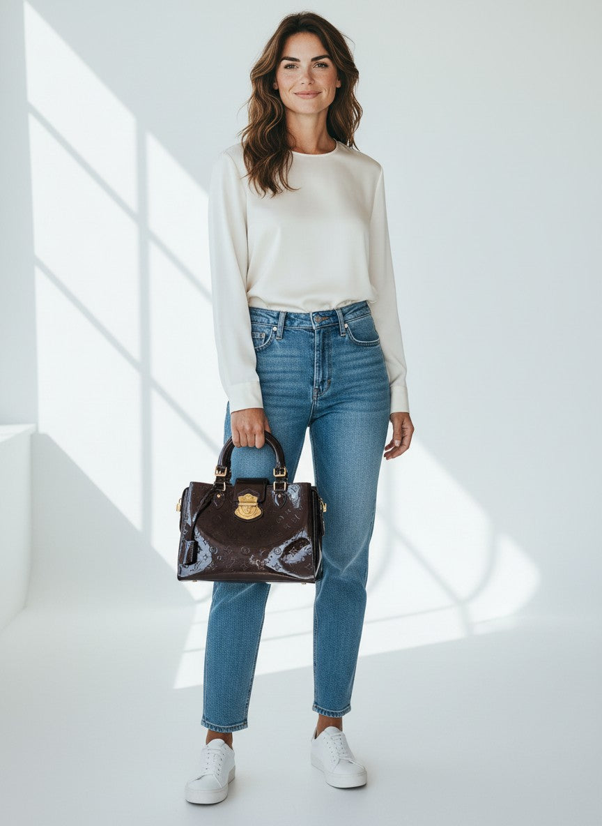 Brandsamsara dark brown patent leather Louis Vuitton Vernis Alma bag with gold hardware and signature monogram pattern.