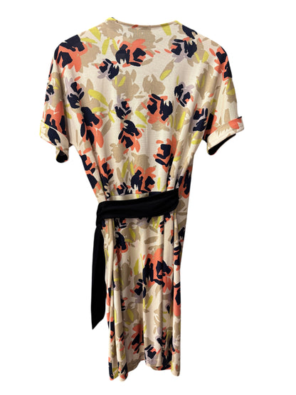 Brandsamsara Diane Von Furstenberg short sleeve silk wrap dress featuring a multicolor floral print and black sash
