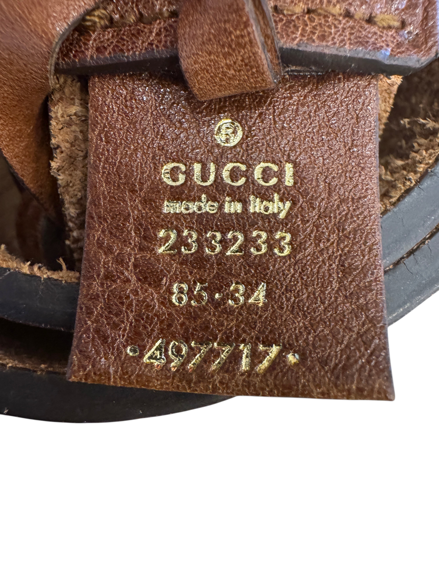 Brandsamsara Gucci belt brown calfskin leather interior stamp with serial number and made in Italy branding