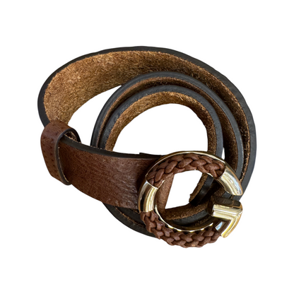 Brandsamsara Gucci belt in brown calfskin leather featuring an oversized capital G monogram buckle with braided detail