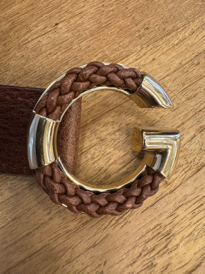 Brandsamsara Gucci belt in brown calfskin leather with an oversized gold-tone G monogram buckle featuring braided trim