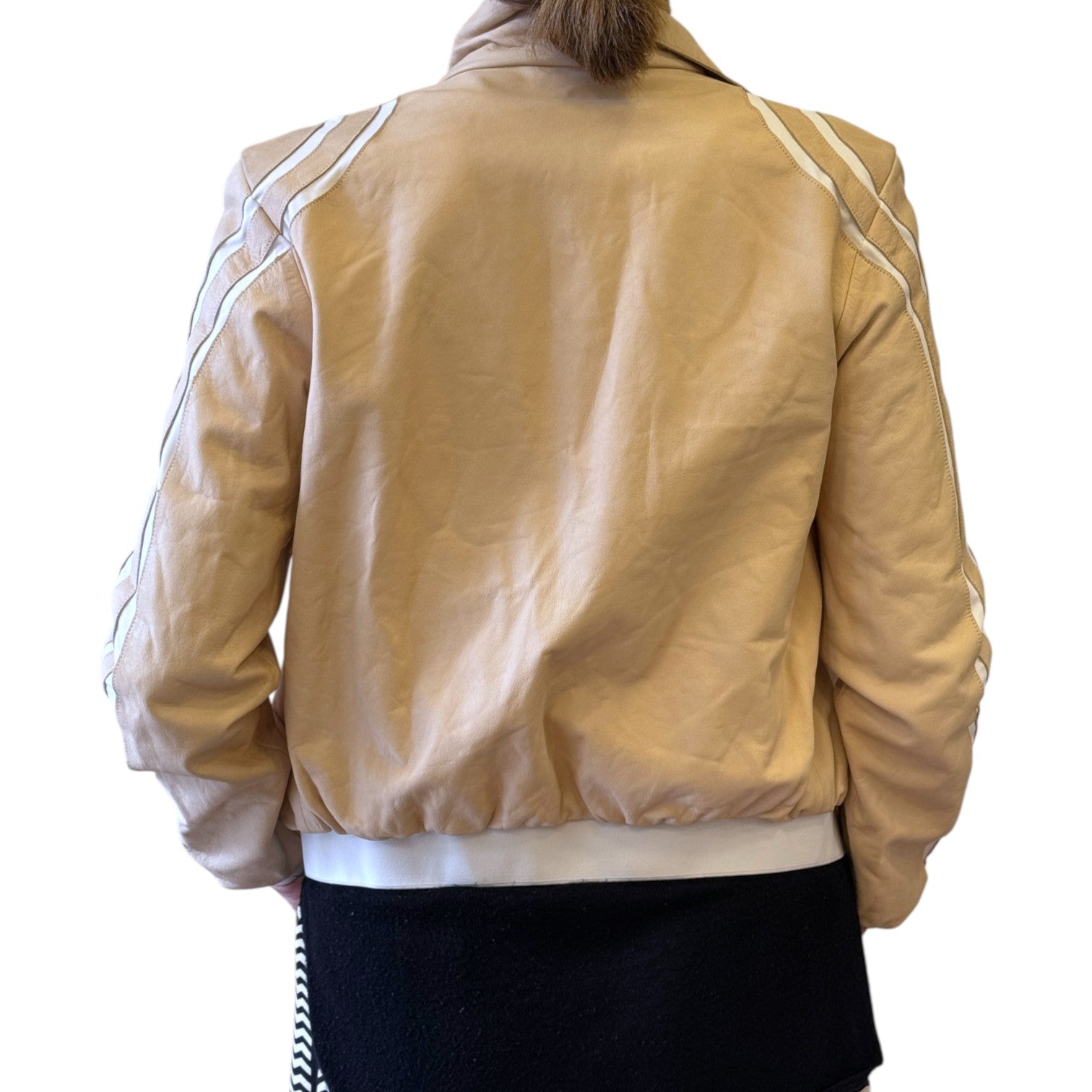 Brandsamsara beige nylon blend Jitrois jacket with white stripe detailing on sleeves, back view