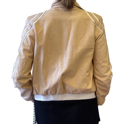 Brandsamsara beige nylon blend Jitrois jacket with white stripe detailing on sleeves, back view