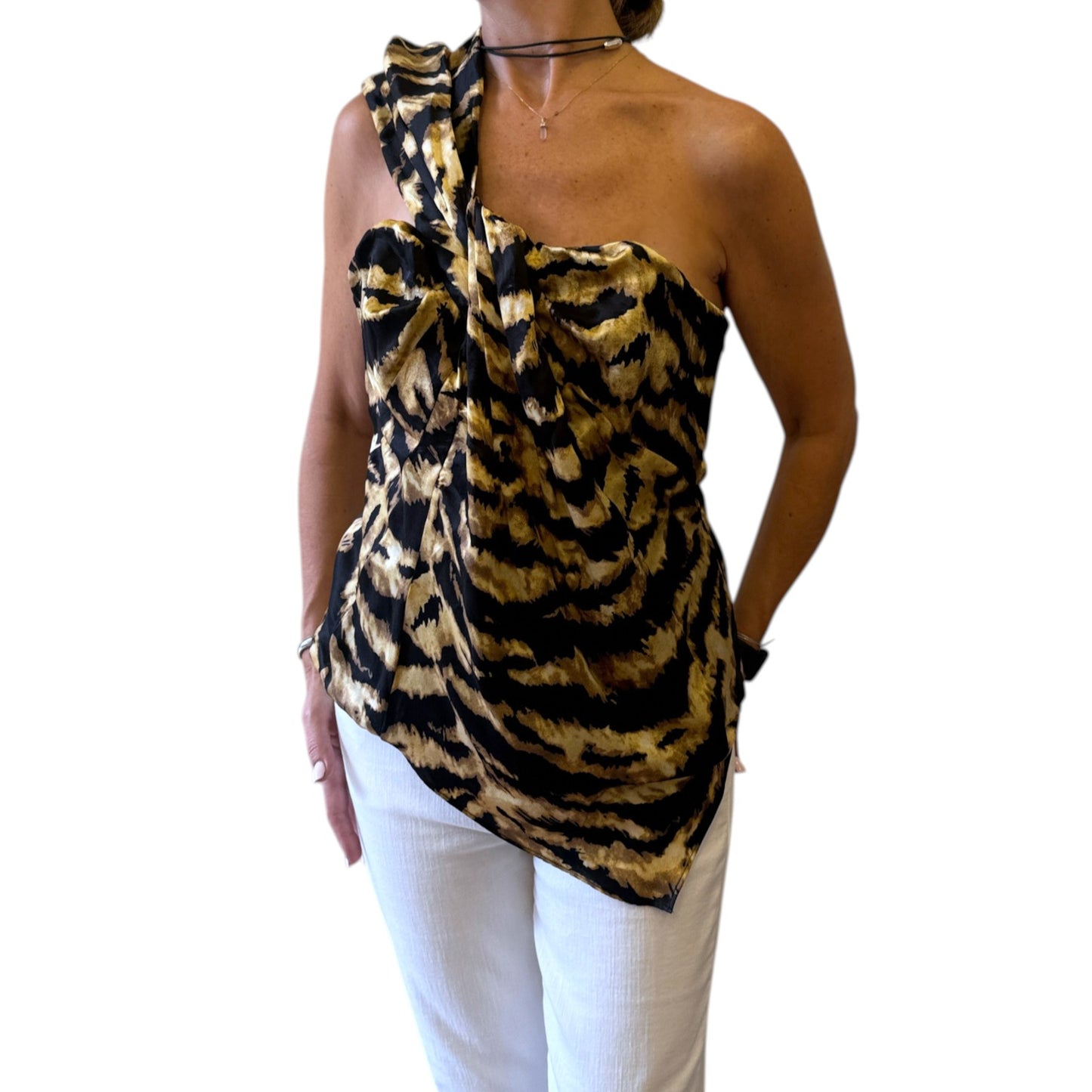 Brandsamsara Karen Millen multicolor silk one-shoulder top with a draped longer front layer worn by a model