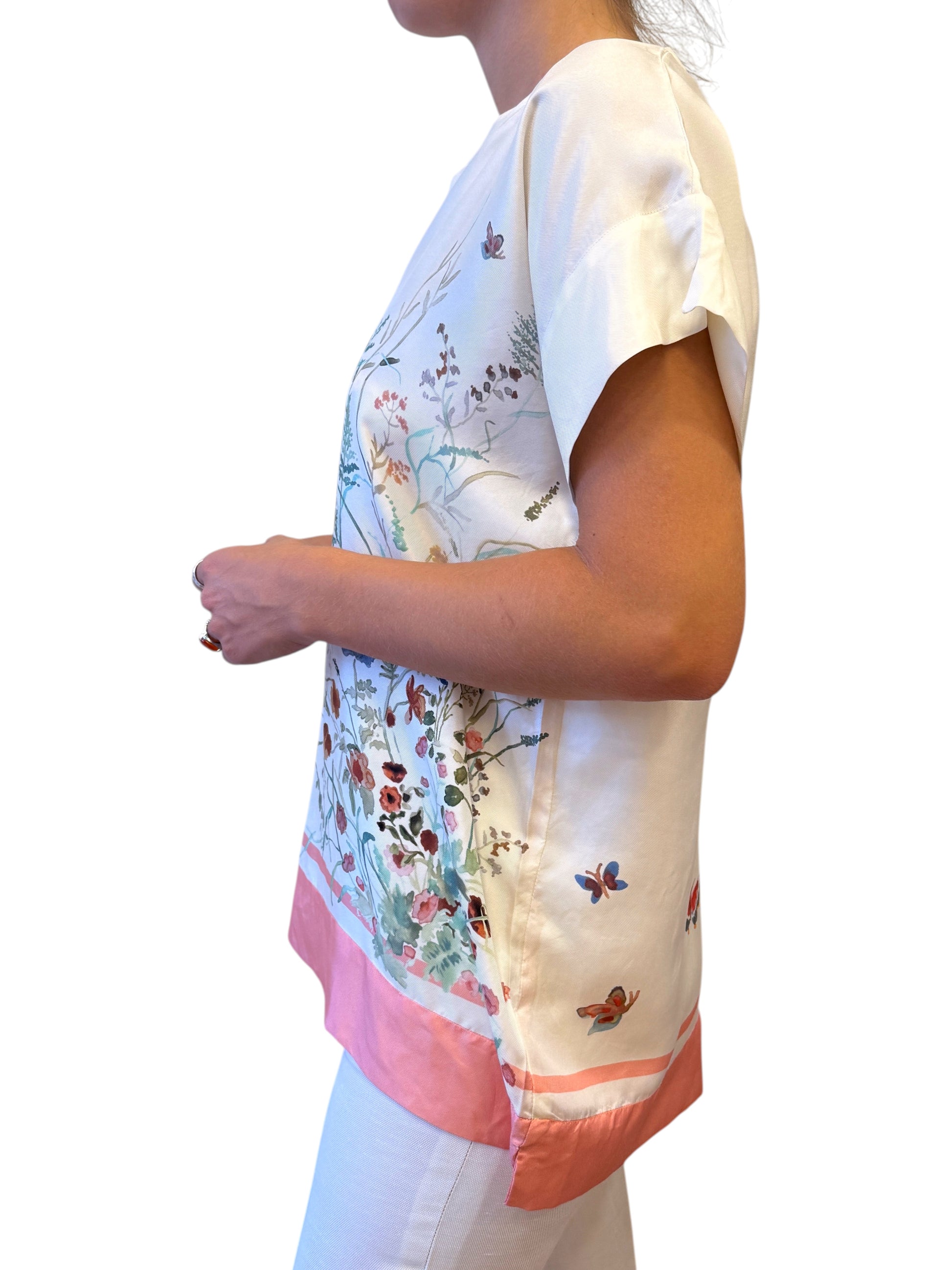 Brandsamsara Loro Piana multicolor silk short sleeve top with floral and butterfly print, side view