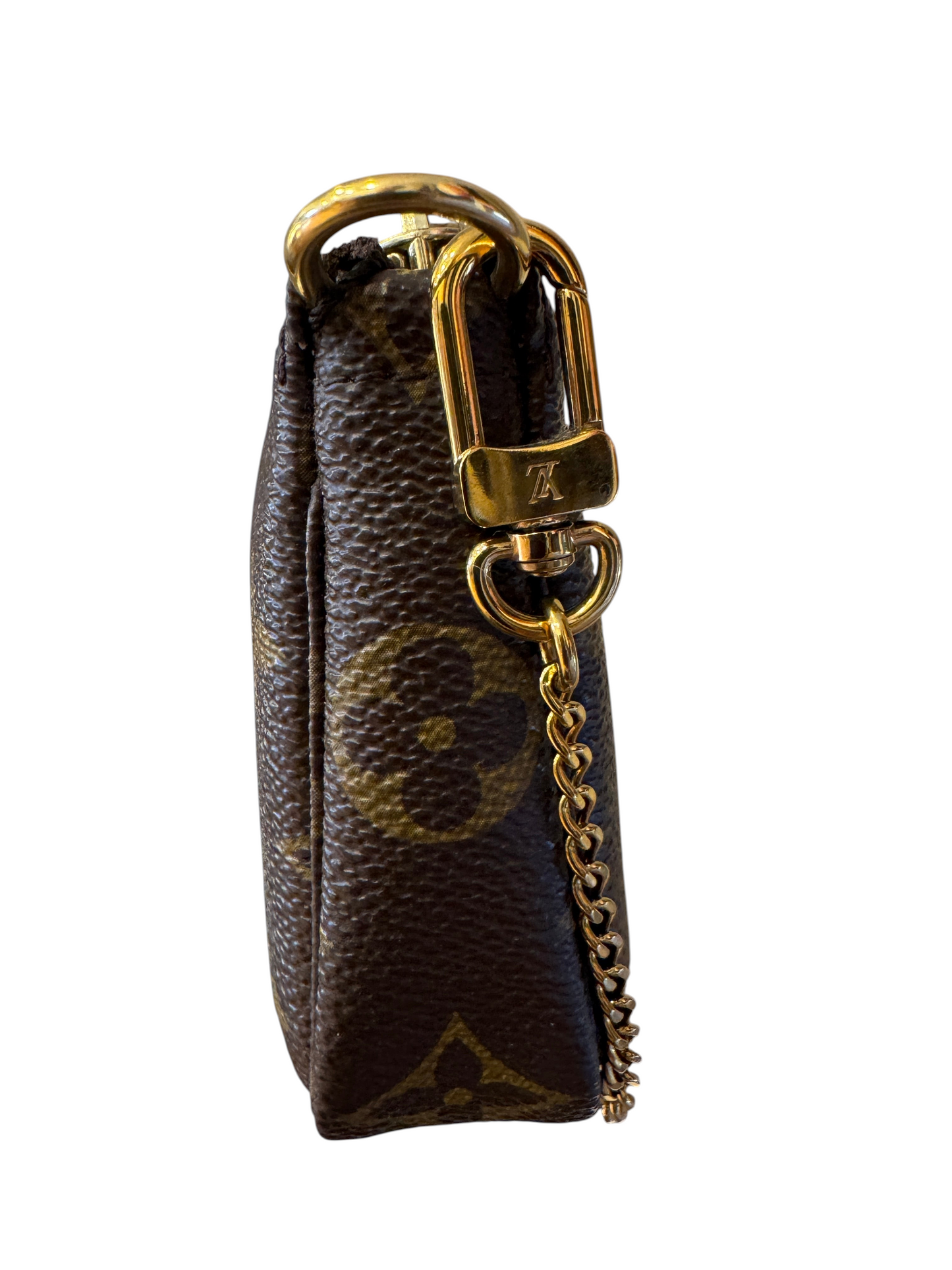 Brandsamsara Louis Vuitton Monogram Mini Pochette handbag in brown leather with gold-tone chain and hardware