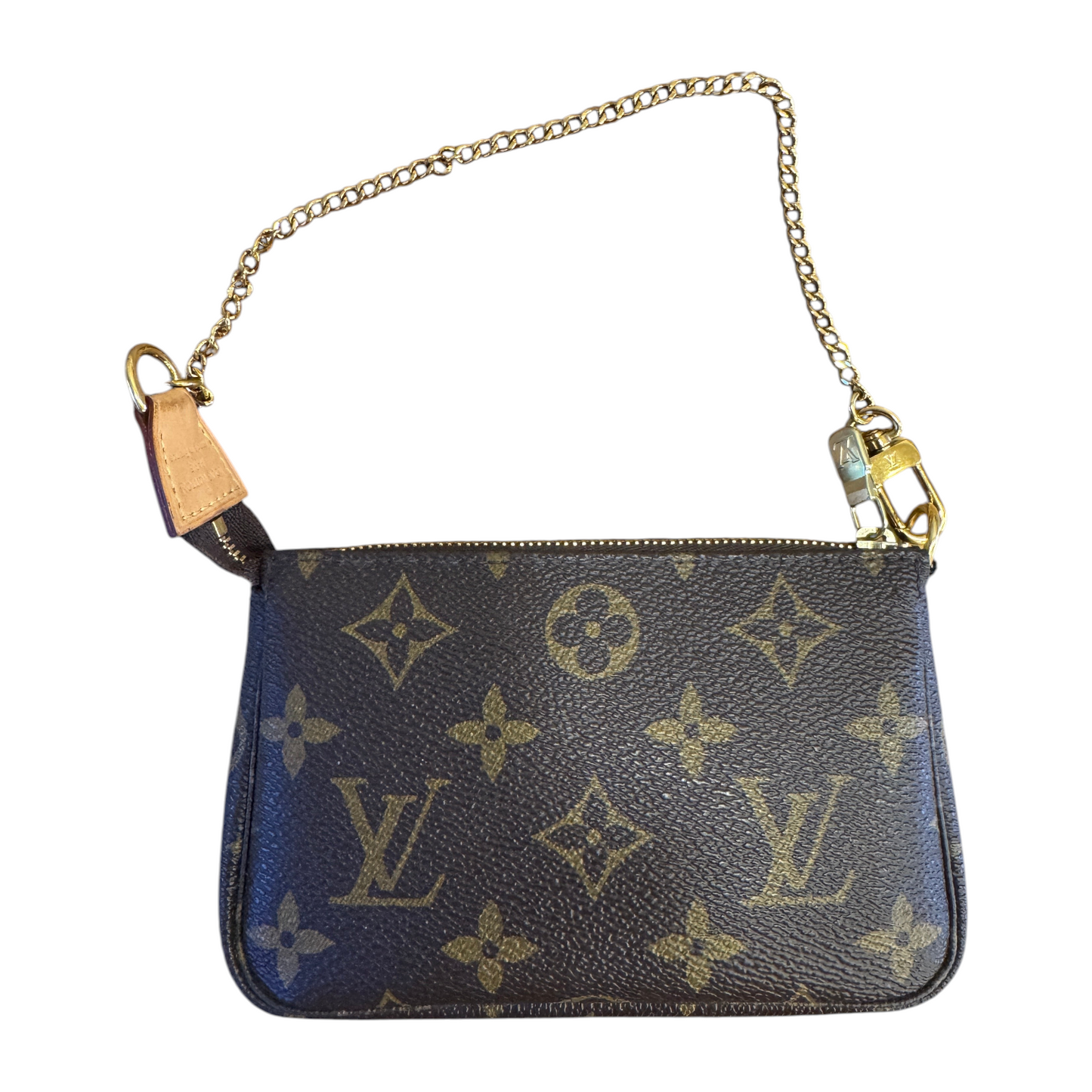 Brandsamsara Louis Vuitton Monogram Mini Pochette handbag in brown leather with a gold chain strap.