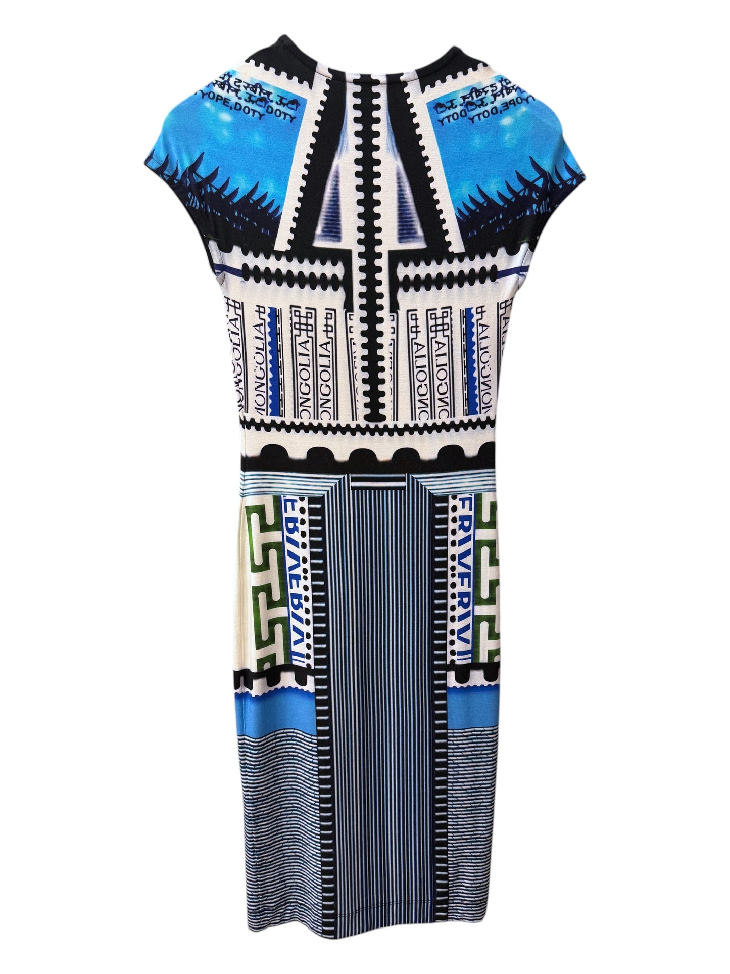 Brandsamsara Mary Katrantzou dress featuring a vibrant blue and white geometric graphic print and cap sleeves.