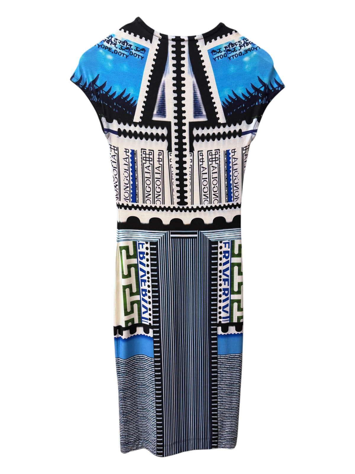 Brandsamsara Mary Katrantzou dress featuring a vibrant blue and white geometric graphic print and cap sleeves.