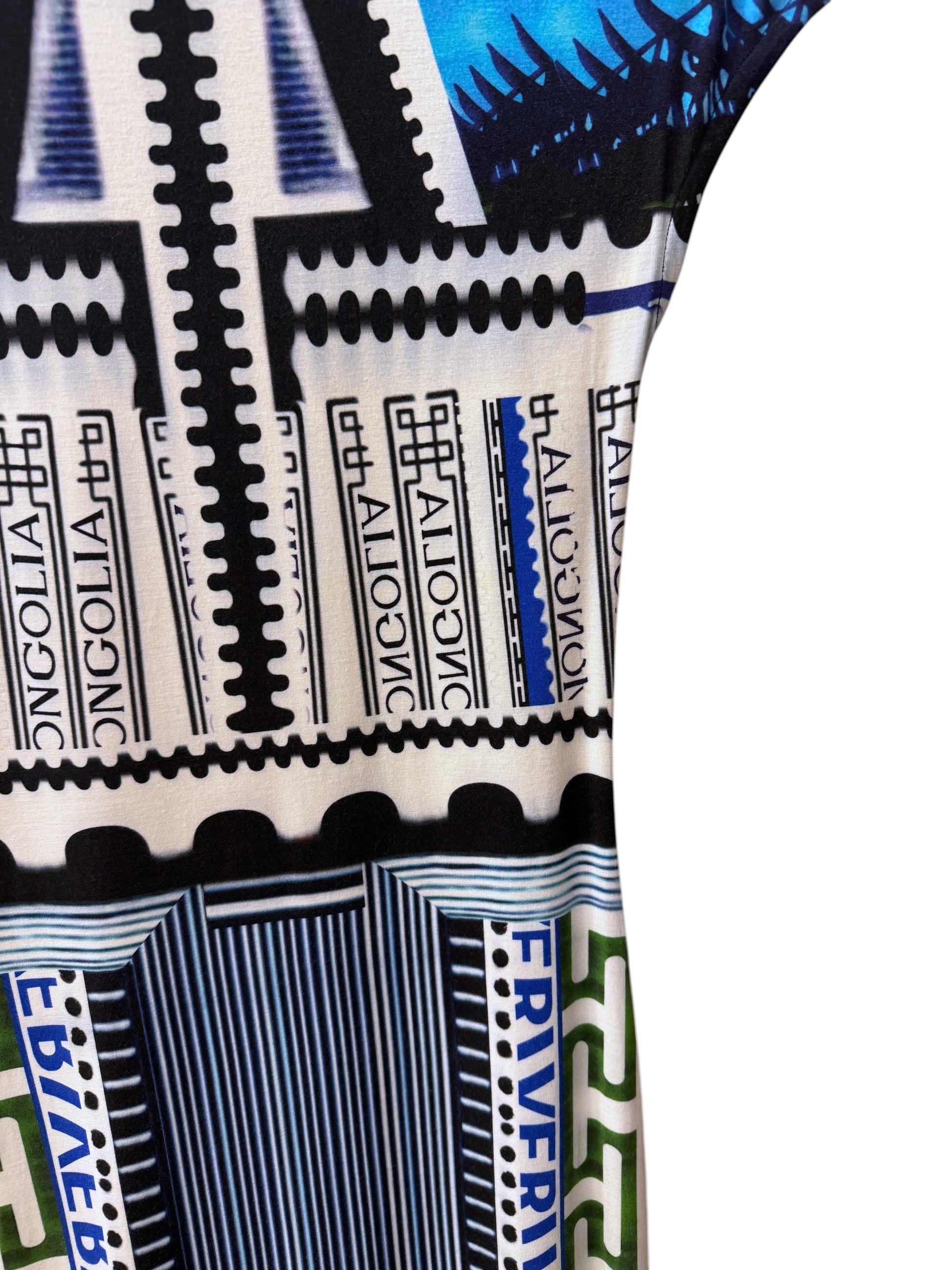 Brandsamsara Mary Katrantzou dress featuring a vibrant blue and white postage stamp inspired graphic print