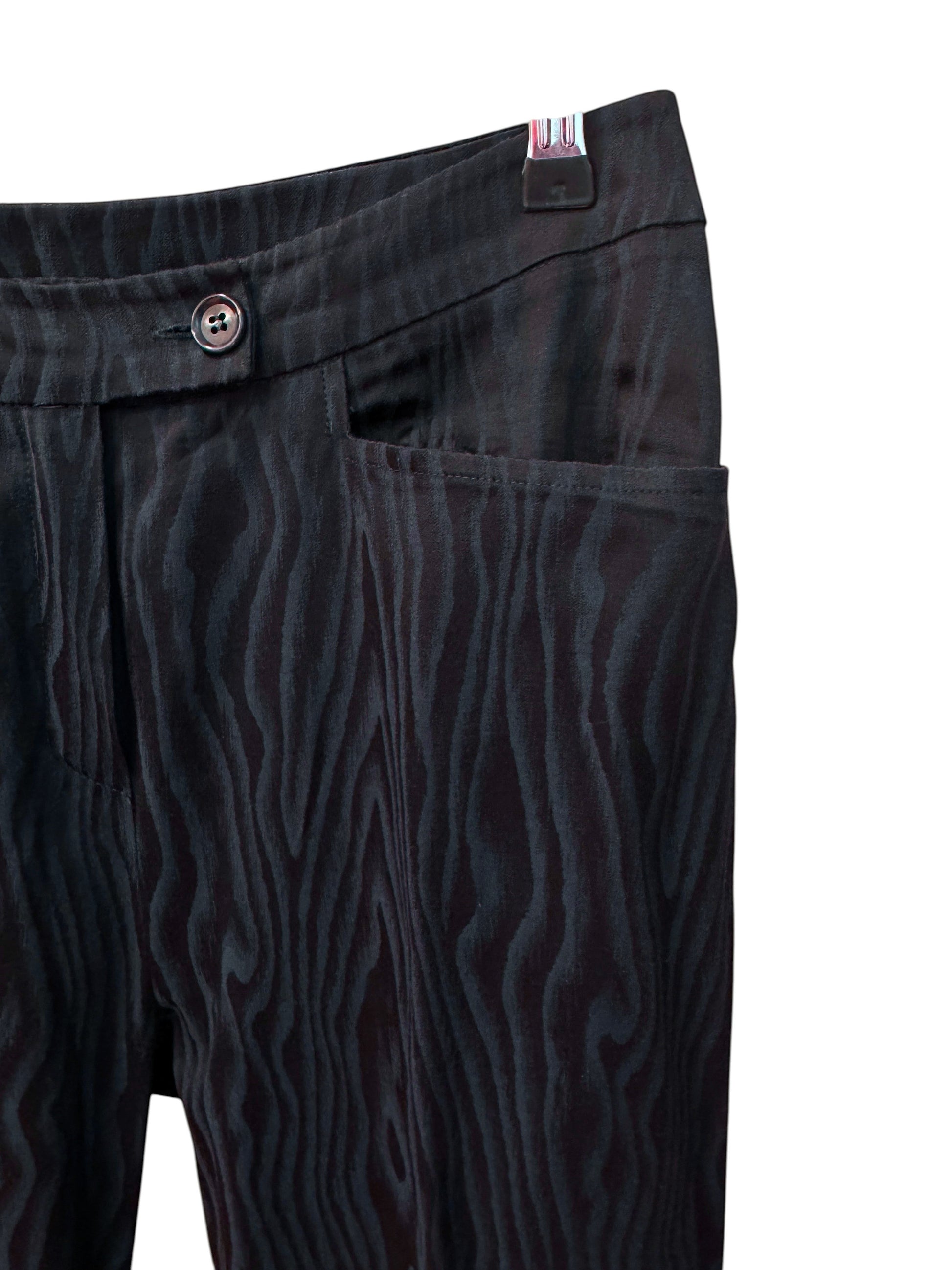 Brandsamsara Max&Co suit trousers in a black and dark grey wood grain pattern acetate blend fabric