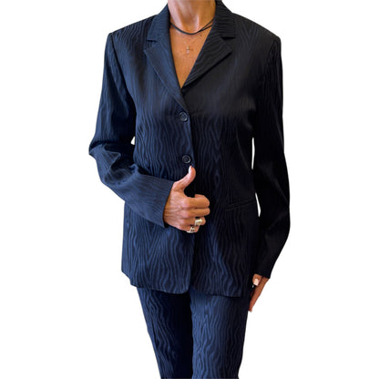 Brandsamsara Max&Co suit in black with a subtle textured wave pattern, made from an acetate blend in Italy.