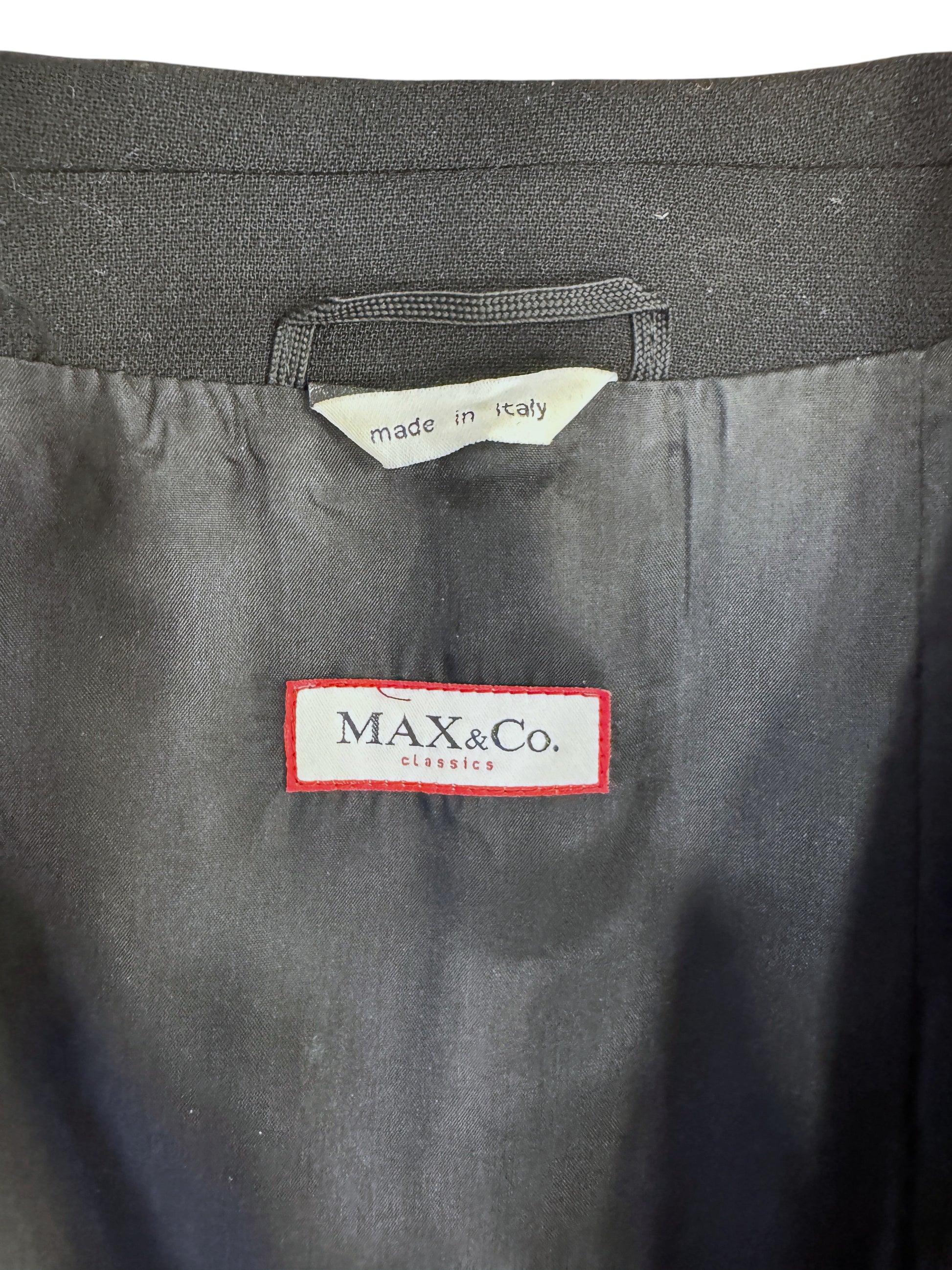 Brandsamsara Max&Co black wool jacket interior label showing Made in Italy tag and branded lining
