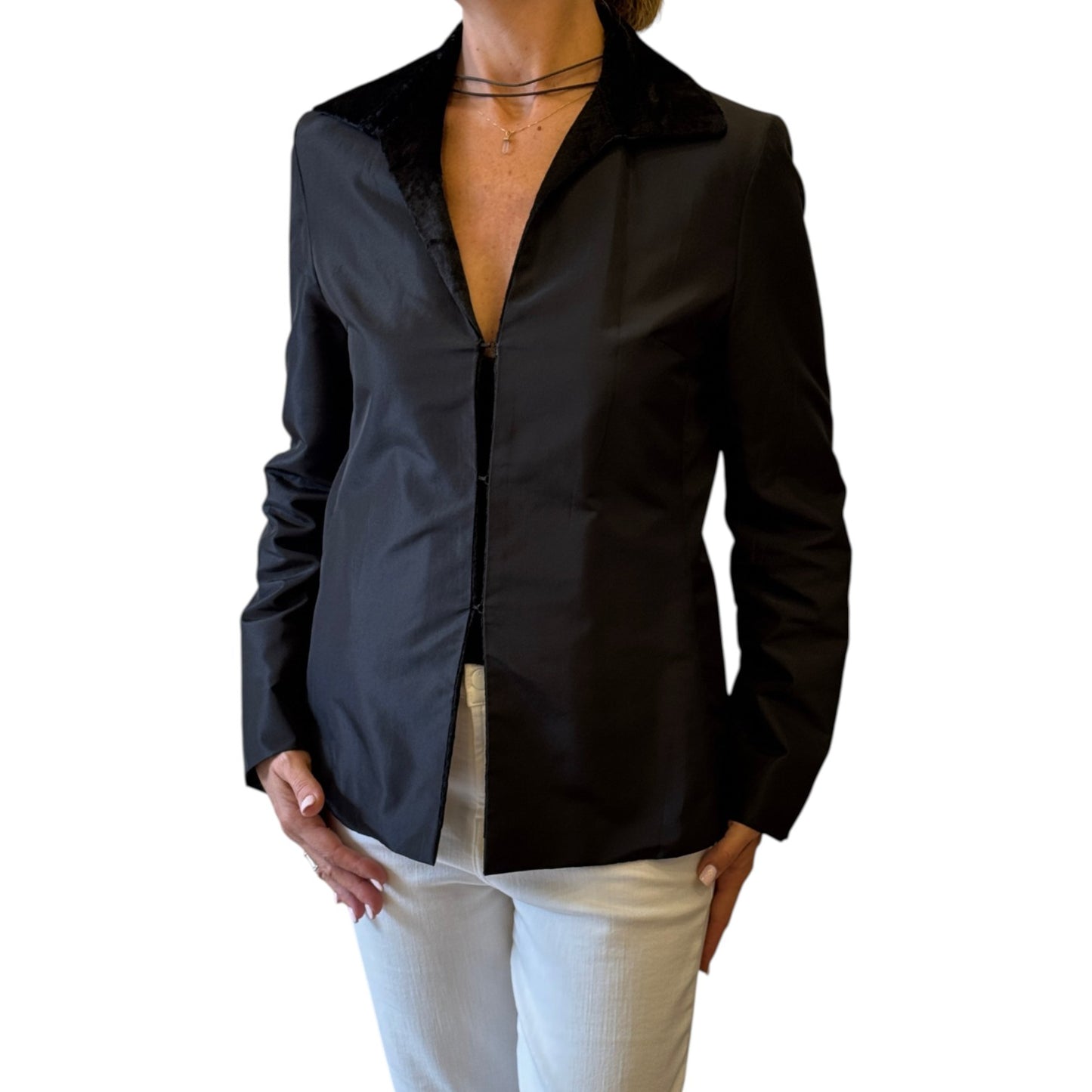 Brandsamsara Max&Co black long sleeve jacket with a velvet collar, made in Italy from polyester.
