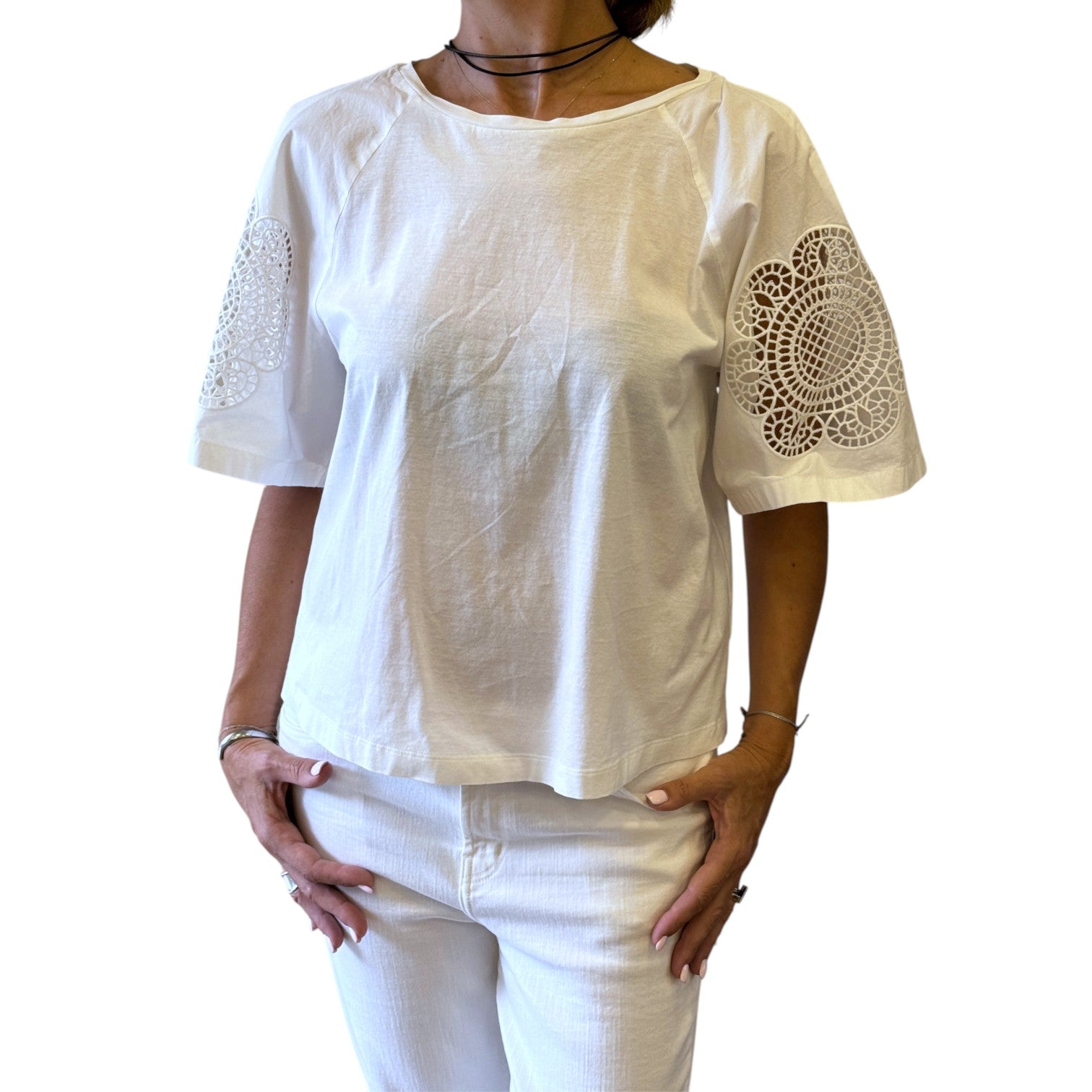 Brandsamsara Max Mara Weekend white cotton top with intricate laser-cut lace sleeve detailing worn by a model