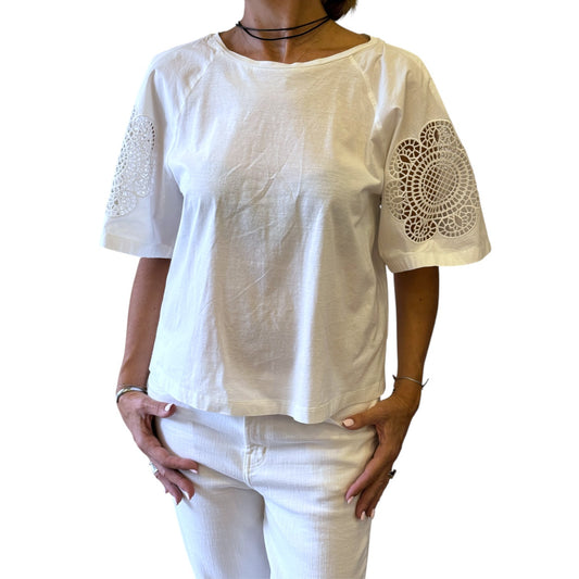 Brandsamsara Max Mara Weekend white cotton top with intricate laser-cut lace sleeve detailing worn by a model