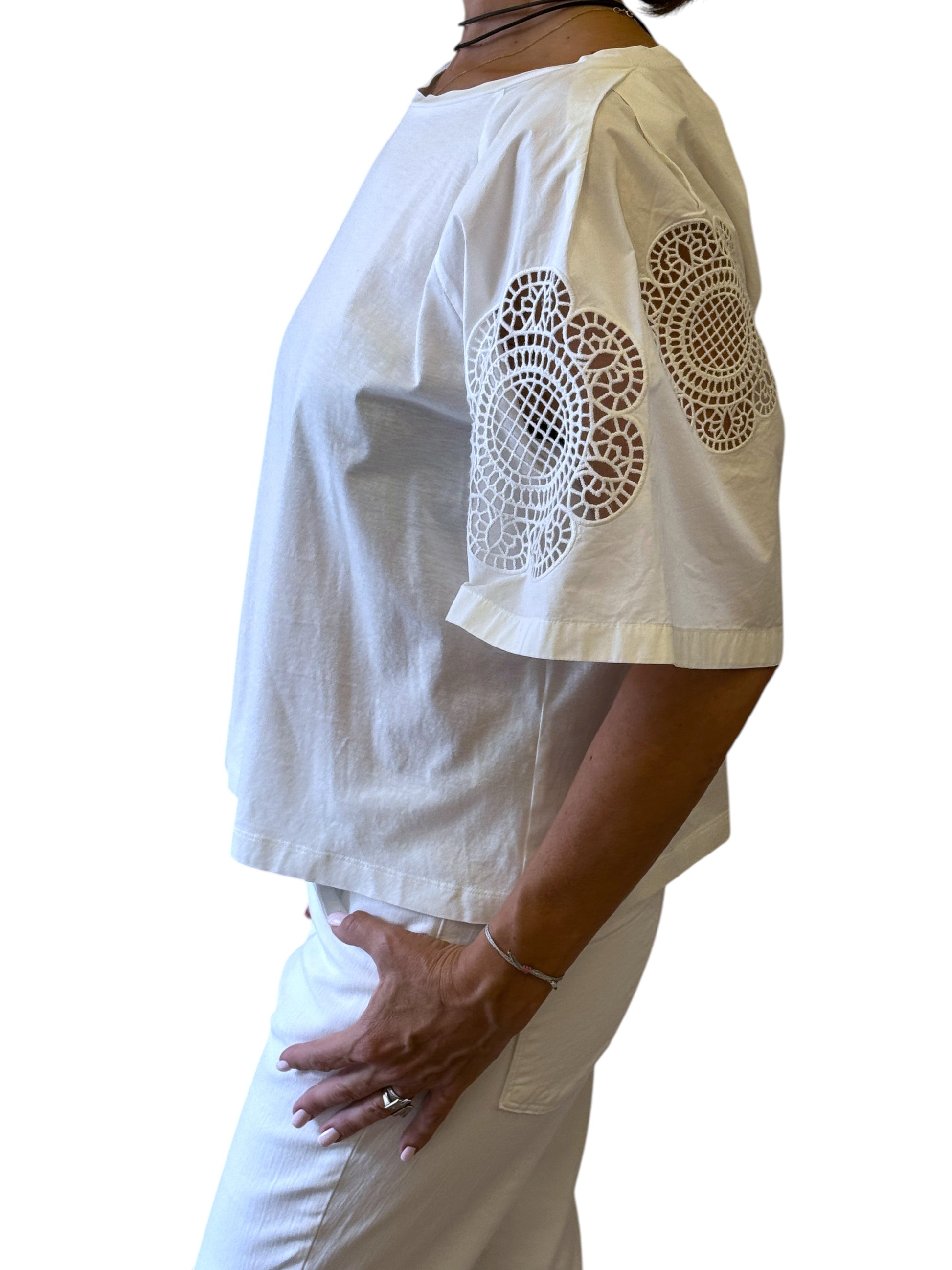Brandsamsara Max Mara Weekend white cotton top with intricate laser-cut circular lace sleeve detailing