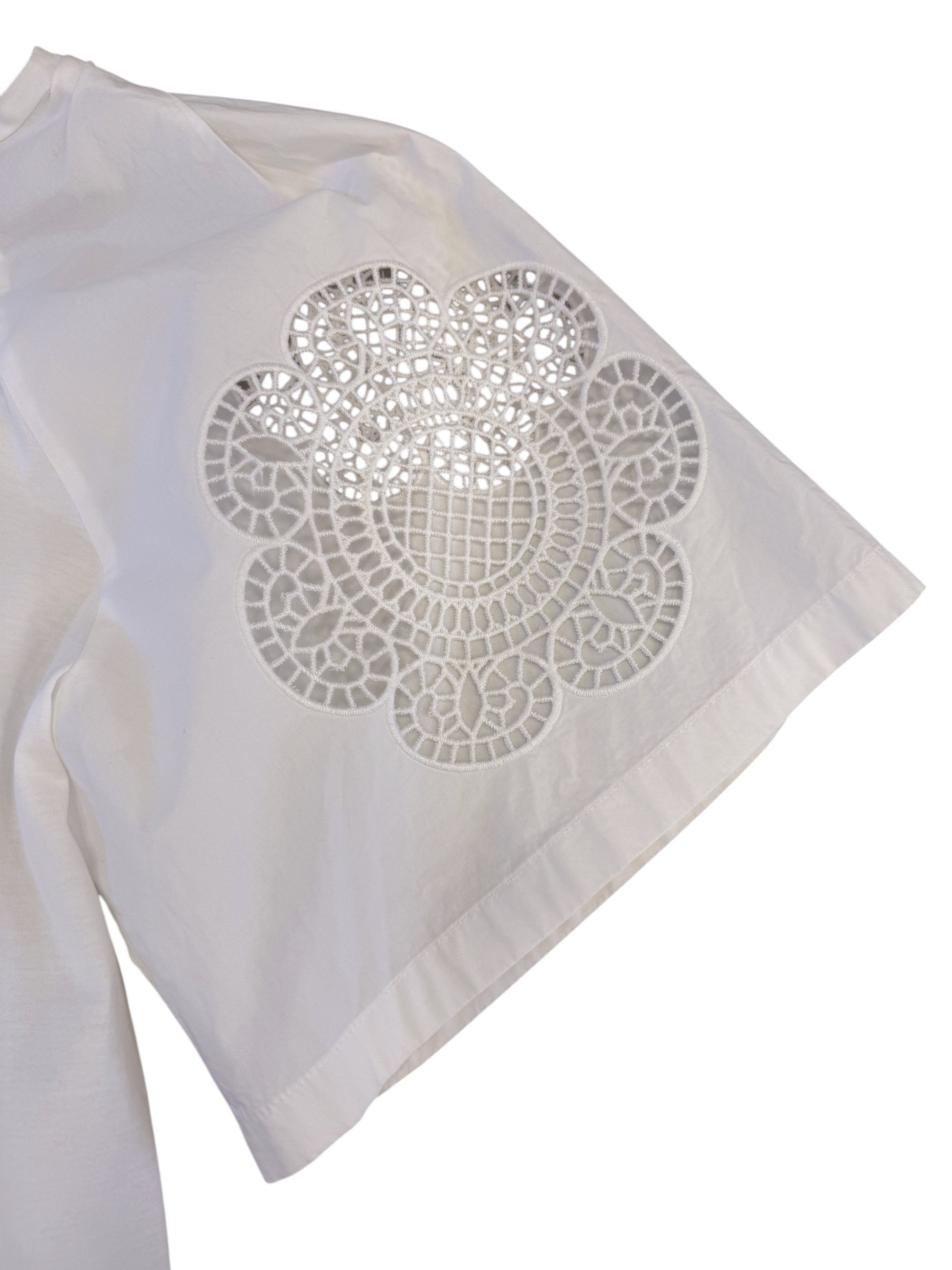 Brandsamsara Max Mara Weekend white cotton top sleeve with intricate floral lace cutout detail