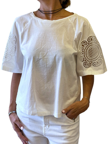 Brandsamsara Max Mara Weekend white cotton top with intricate laser-cut lace detailing on the short sleeves
