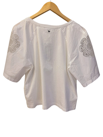 Brandsamsara Max Mara Weekend white cotton top with intricate lace sleeve detailing on a wooden hanger