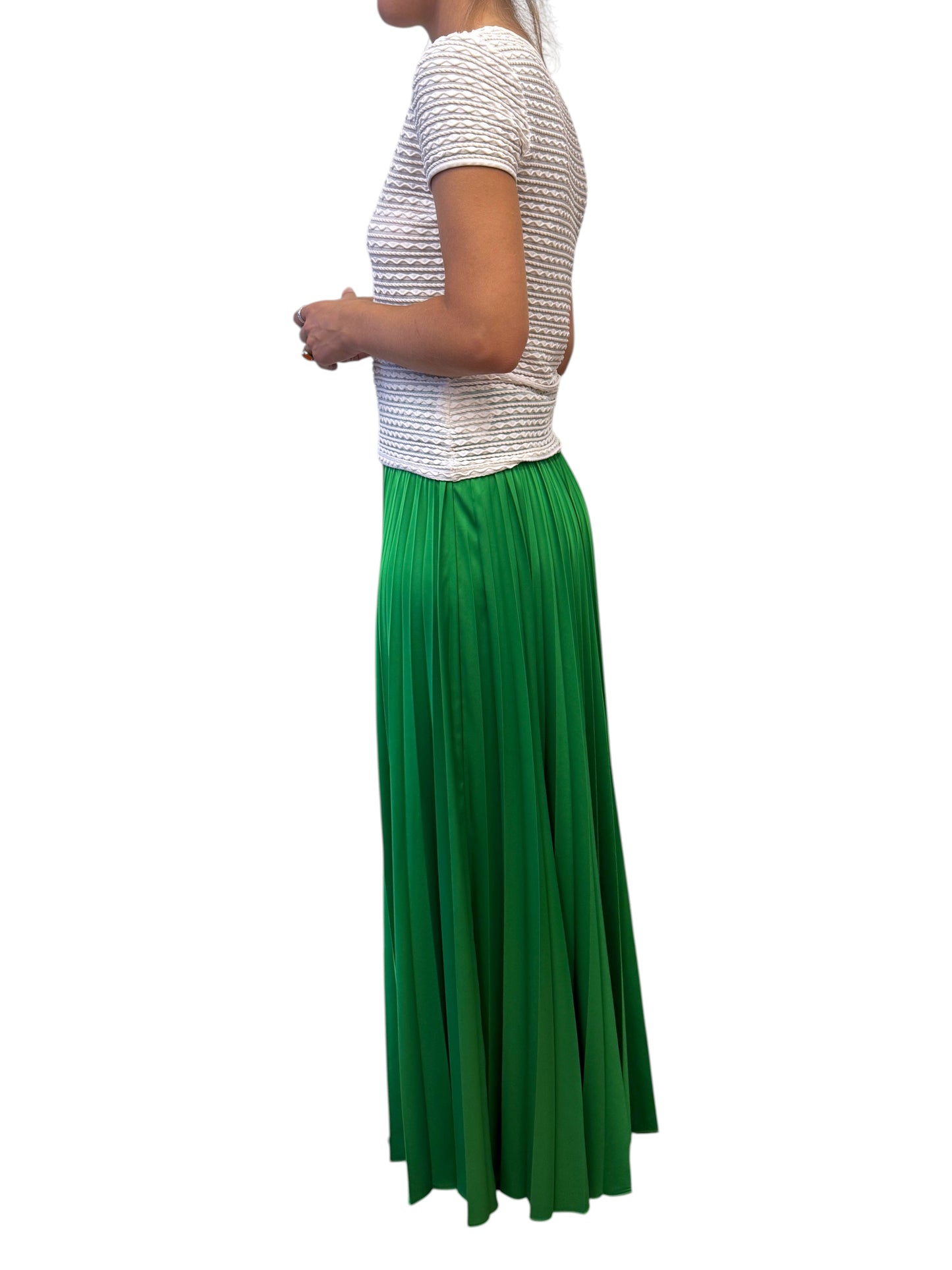 Brandsamsara P.A.R.O.S.H. long green pleated skirt paired with a white textured short-sleeve top