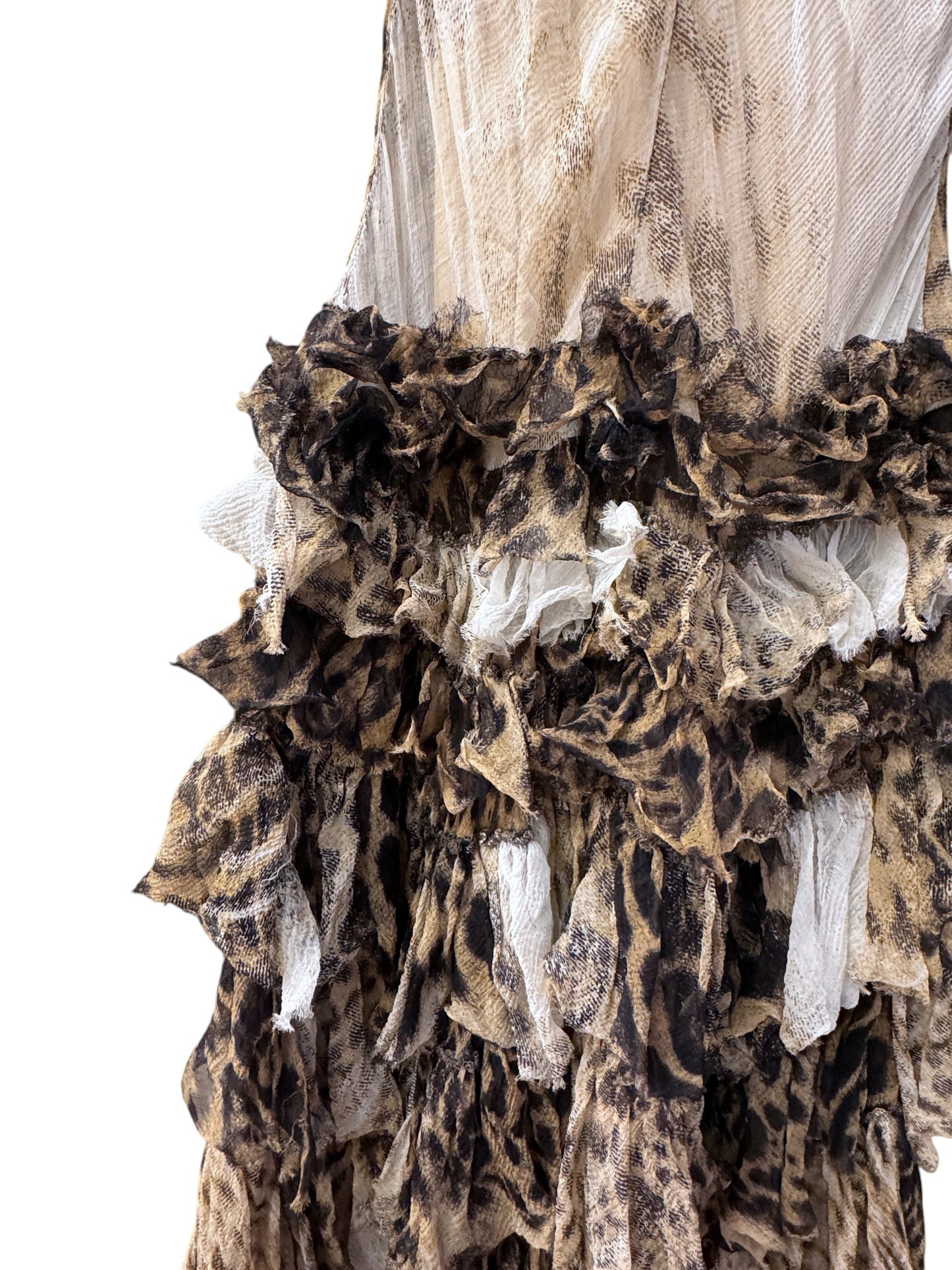 Brandsamsara vintage Roberto Cavalli silk evening gown featuring a layered animal print ruffle design.