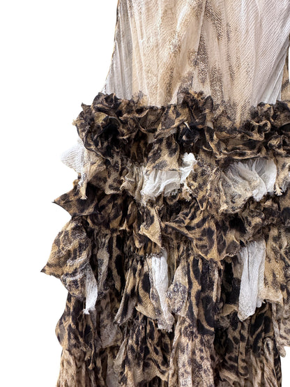 Brandsamsara vintage Roberto Cavalli silk evening gown featuring a layered animal print ruffle design.
