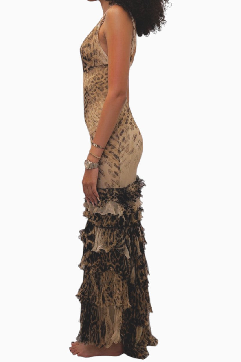 Brandsamsara vintage Roberto Cavalli silk evening gown featuring a multicolor animal print and tiered ruffled hem