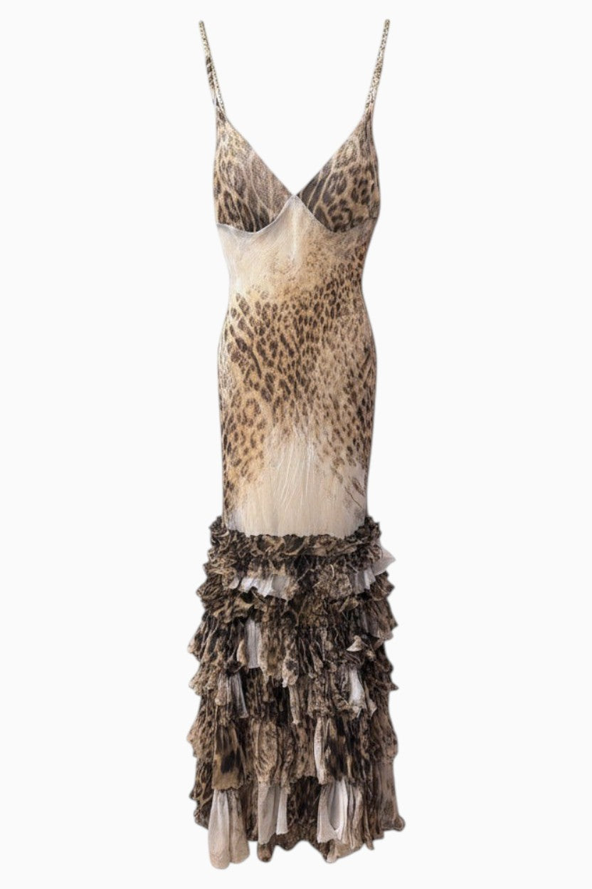 Brandsamsara vintage Roberto Cavalli silk evening gown featuring a multicolor animal print and tiered ruffled hem.