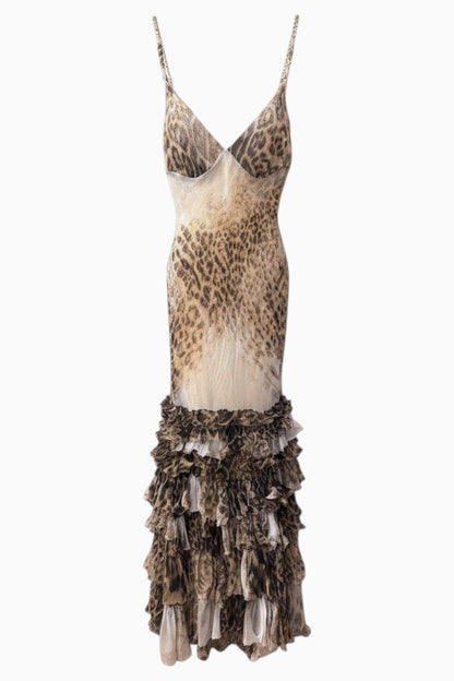 Brandsamsara vintage Roberto Cavalli silk evening gown featuring a multicolor animal print and tiered ruffled hem.