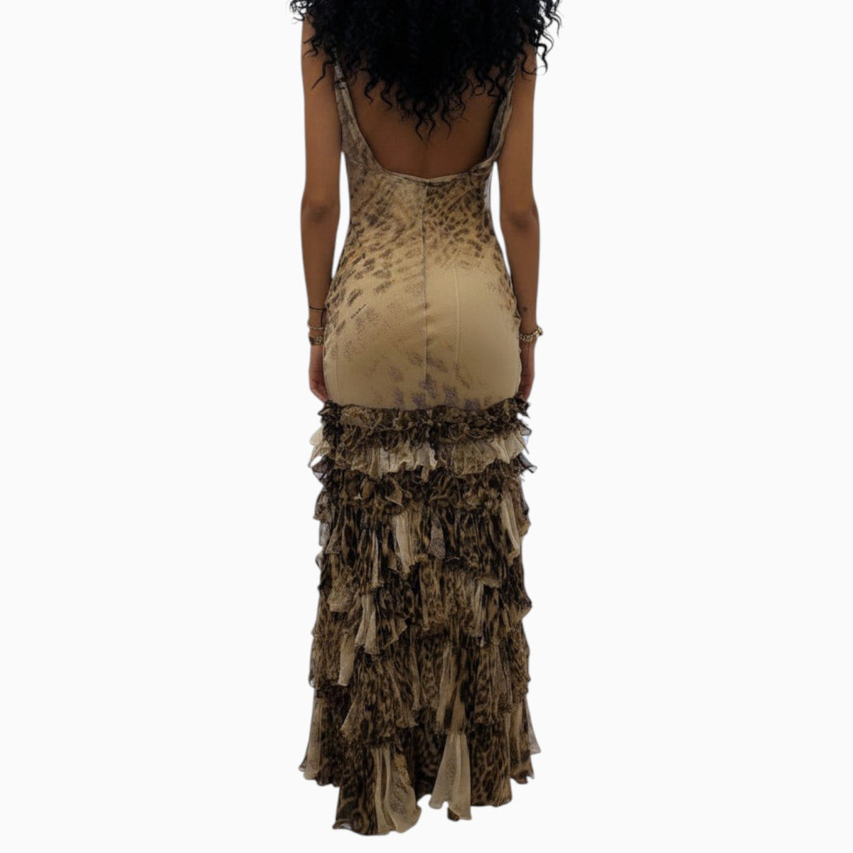 Brandsamsara vintage Roberto Cavalli silk evening gown featuring a backless design and tiered animal print ruffles.
