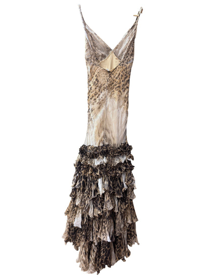Brandsamsara vintage Roberto Cavalli silk evening gown featuring a multicolor leopard animal print and ruffled hem.