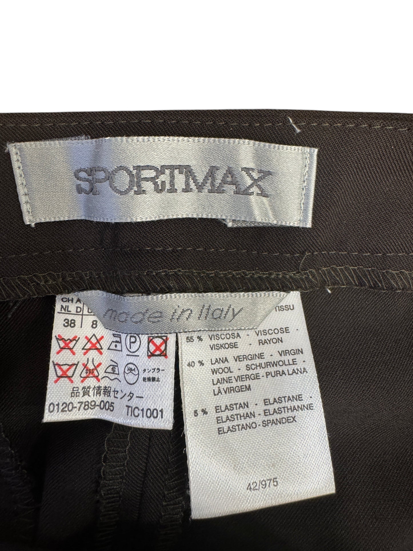 Brandsamsara Sportmax brown viscose blend suit label with care instructions and Made in Italy tag