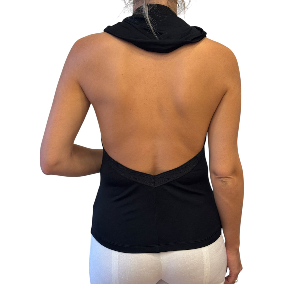Brandsamsara black backless Thierry Mugler viscose blend halter top with a cowl neck design worn by a woman