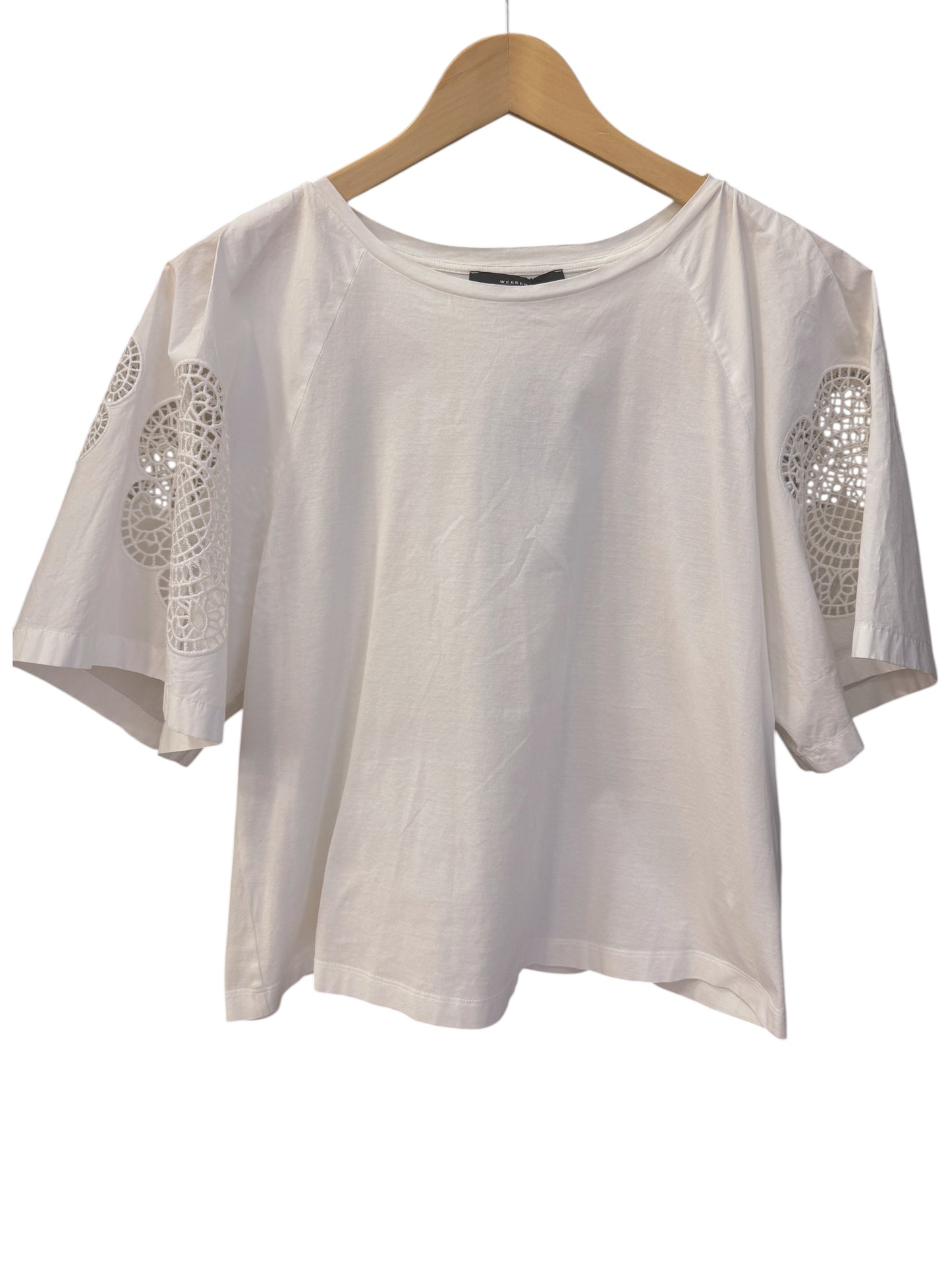 Brandsamsara white Max Mara Weekend cotton top with intricate lace sleeve detailing on a wooden hanger