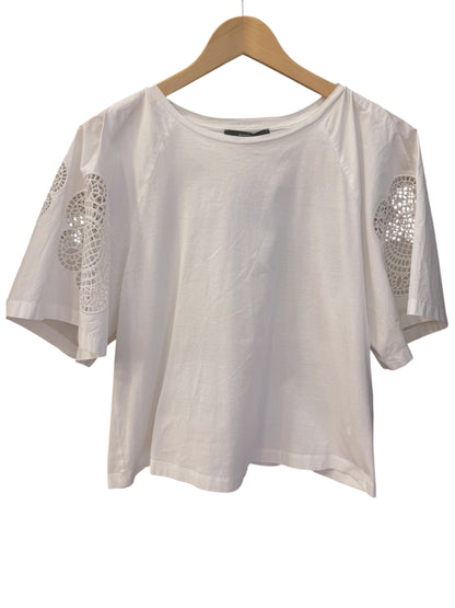 Brandsamsara white Max Mara Weekend cotton top with intricate lace sleeve detailing on a wooden hanger
