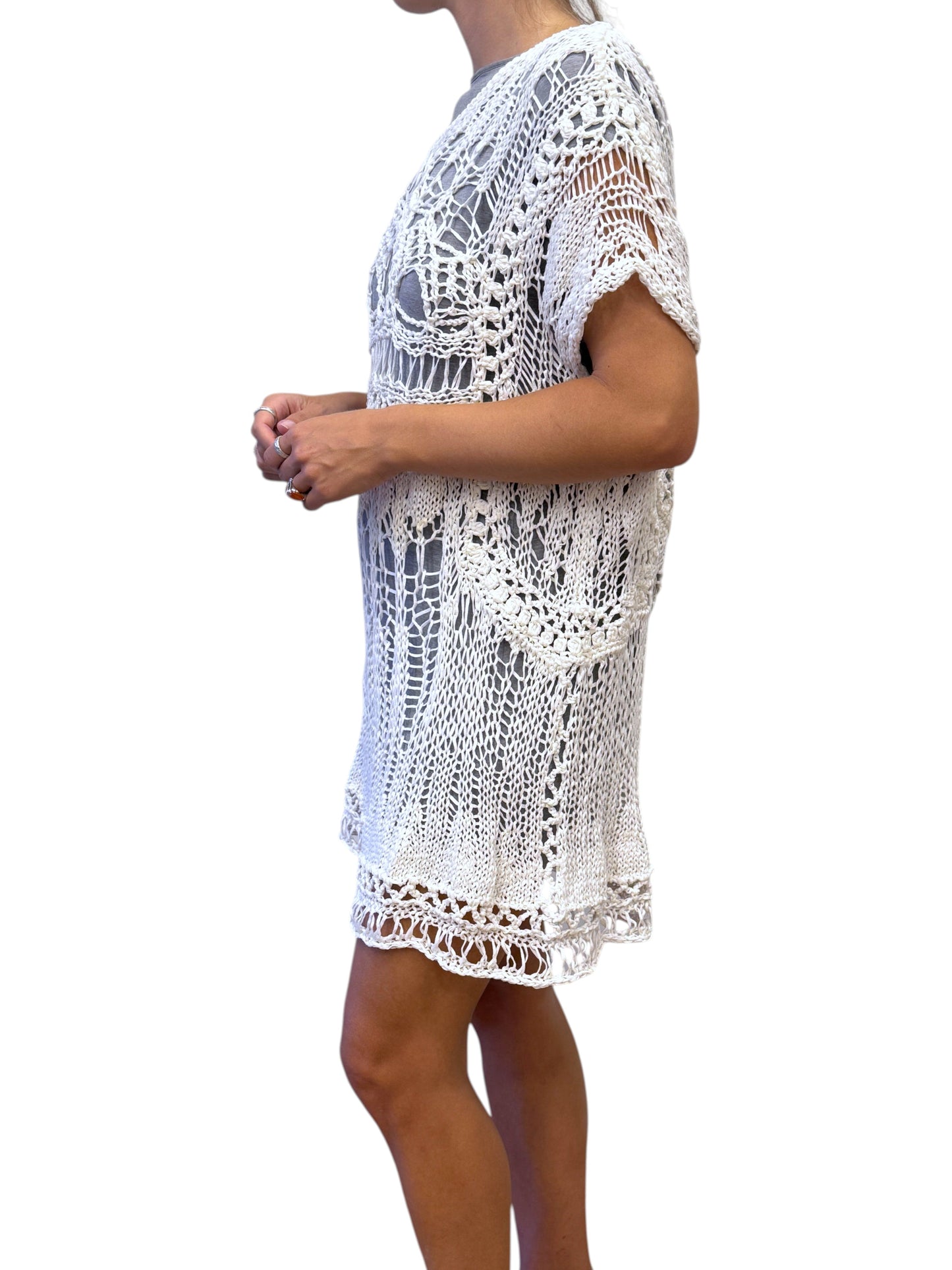 Brandsamsara white knitted cotton blend dress with intricate openwork detail worn by a model in a side view