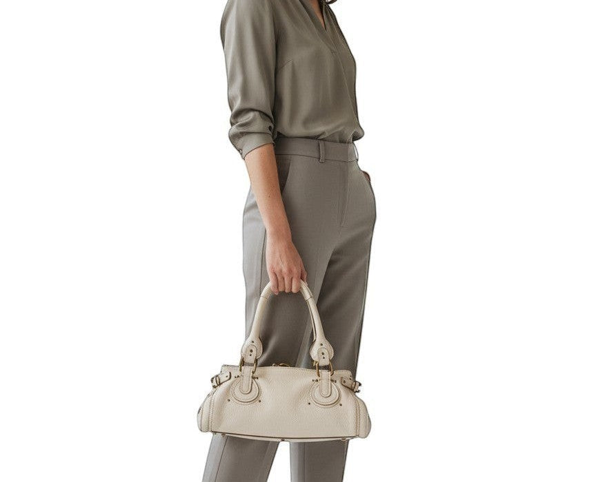 Brandsamsara white pebbled leather Chloe bag with double handles and gold hardware.