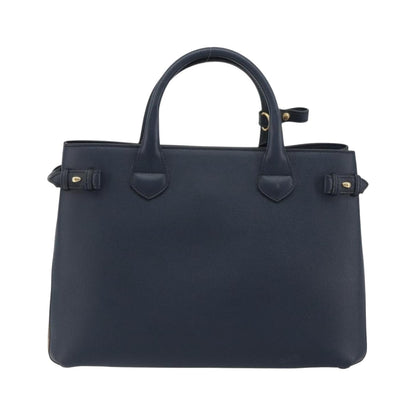 Burberry Banner Leather and House Check Canvas, Navy, Leather, Tote Bag