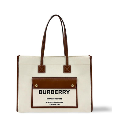 Burberry Freya Shopping Canvas with Leather, Beige, Canvas, Tote Bag