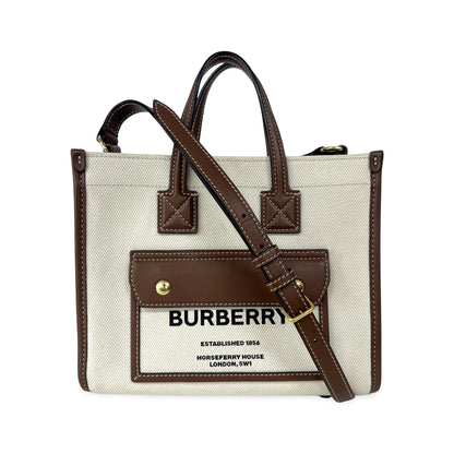 Burberry Freya Shopping Tote Canvas with Leather, Beige, Canvas, Tote Bag
