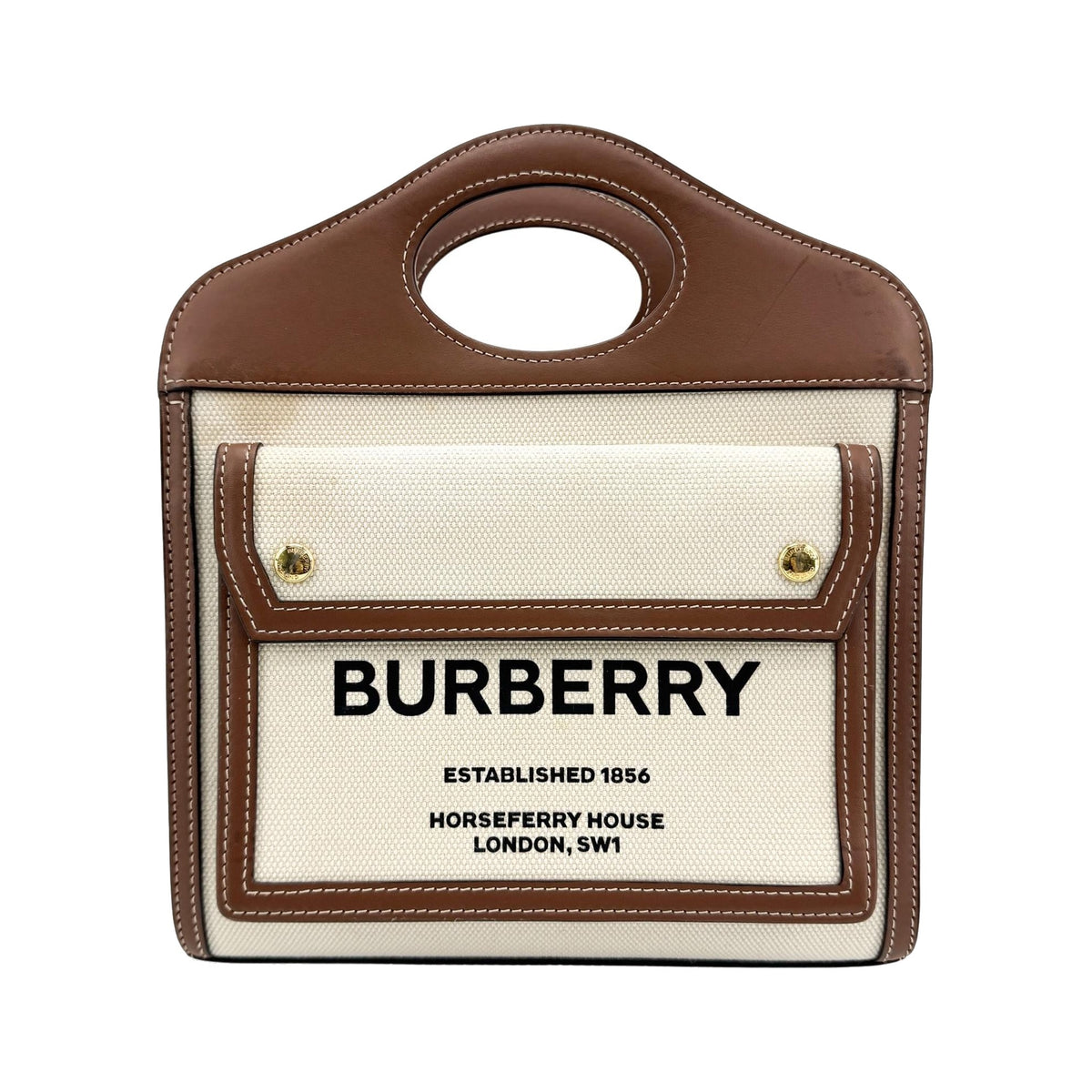 Burberry Logo Pocket Canvas with Leather, Brown, Canvas, Tote Bag