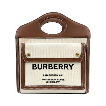 Burberry Logo Pocket Canvas with Leather, Brown, Canvas, Tote Bag