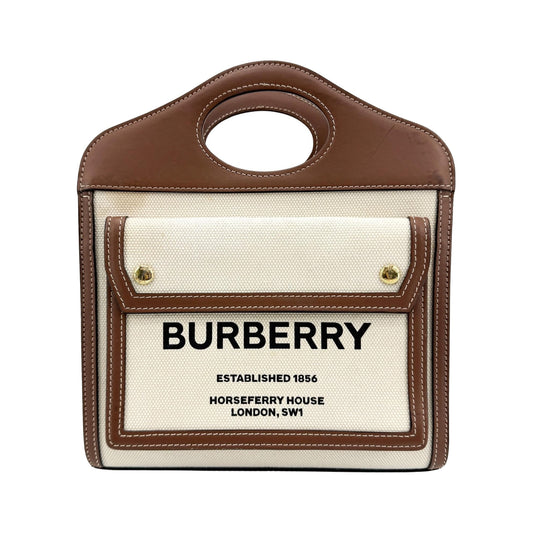 Burberry Logo Pocket Canvas with Leather, Brown, Canvas, Tote Bag