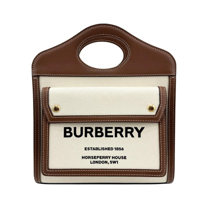 Burberry Logo Pocket Leather with Check Canvas, Brown, Canvas, Tote Bag