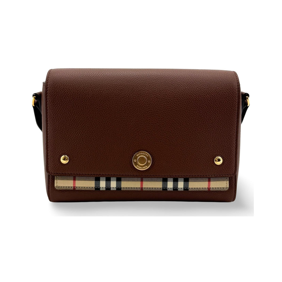 Burberry Note Leather with Vintage Check Canvas, Brown, Leather, Crossbody Bag