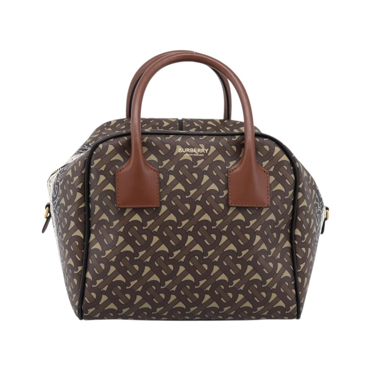 Burberry TB Half Cube Duffle Monogram Embossed Leather, Brown, Canvas, Handbag