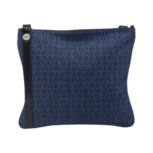 Bvlgari Logomania Canvas with Leather, Blue, Canvas, Shoulder Bag
