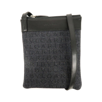 Bvlgari Logomania Canvas with Leather, Black, Denim, Shoulder Bag